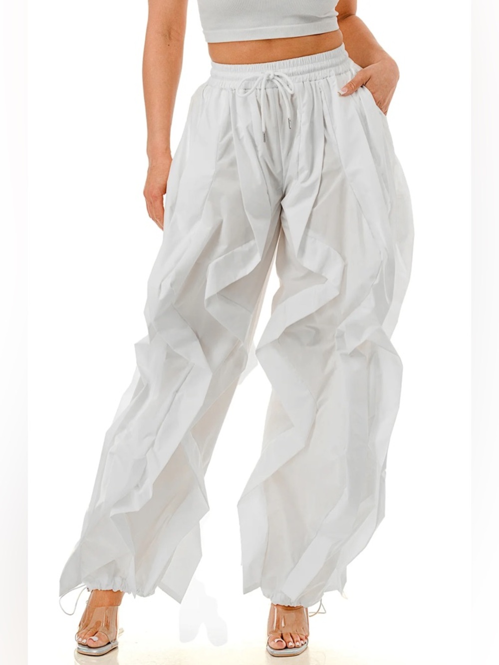 Yellow Ruffle Wide-Leg Wavy Drawstring Pants - Picture 16 of 16